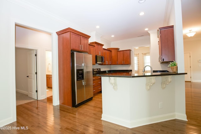 4 Cordelia Way, Vass, NC 28394 - kitchen featuring ornamental molding, a peninsula, dark countertops, light wood-type flooring, and stainless steel appliances