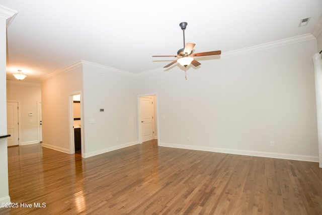 4 Cordelia Way, Vass, NC 28394 - unfurnished living room with baseboards, ornamental molding, a ceiling fan, and wood finished floors