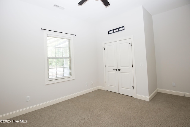 4 Cordelia Way, Vass, NC 28394 - interior space featuring carpet floors, visible vents, a closet, baseboards, and ceiling fan