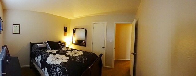 bedroom with baseboards and lofted ceiling