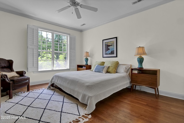 745 Royal Bonnet Dr, Wilmington, NC 28405 - bedroom with ceiling fan, visible vents, wood finished floors, baseboards, and ornamental molding