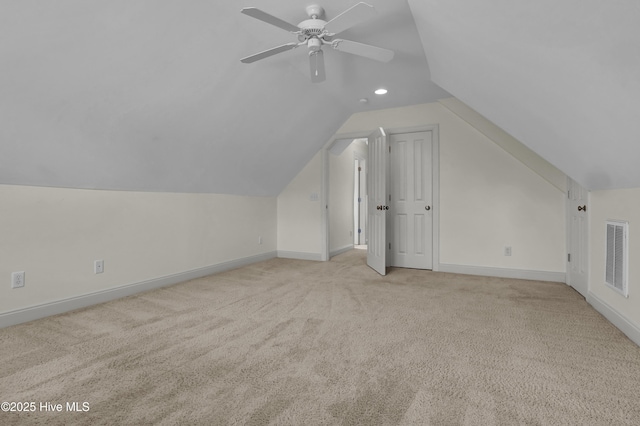 745 Royal Bonnet Dr, Wilmington, NC 28405 - additional living space featuring visible vents, carpet floors, lofted ceiling, baseboards, and ceiling fan