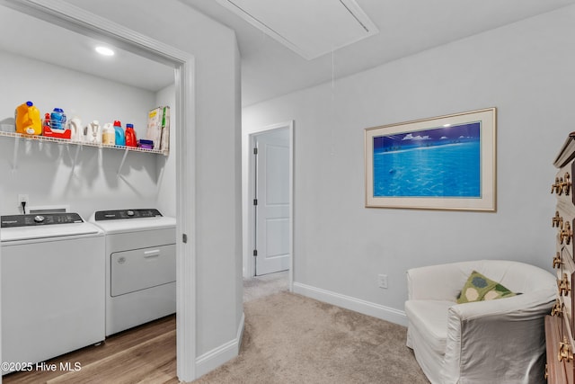4739 Oyster Reef, Wilmington, NC 28405 - laundry area featuring laundry area, attic access, light colored carpet, baseboards, and separate washer and dryer