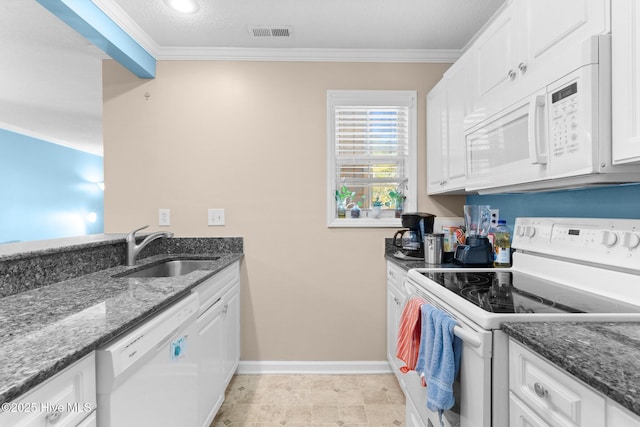kitchen with white cabinets, a sink, white appliances, baseboards, and ornamental molding
