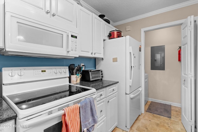 kitchen featuring white appliances, white cabinetry, a toaster, ornamental molding, and electric panel
