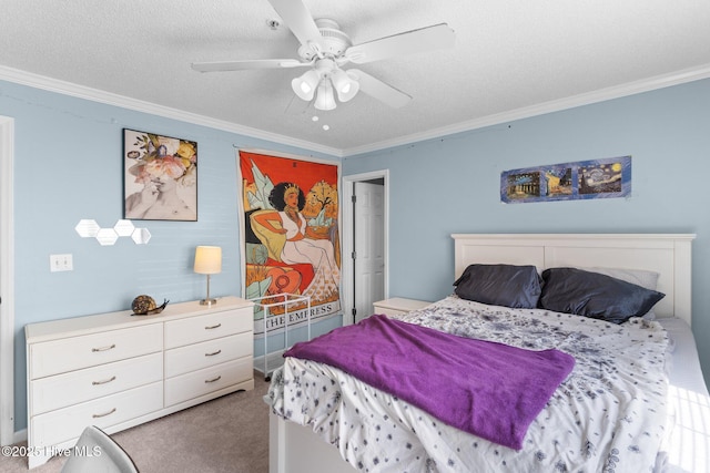 carpeted bedroom with ornamental molding, a textured ceiling, and ceiling fan