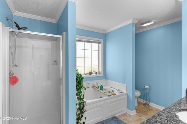 full bathroom featuring toilet, a textured ceiling, a shower stall, ornamental molding, and a bath