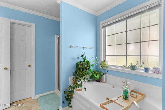 full bathroom featuring baseboards, a whirlpool tub, a stall shower, and a wealth of natural light
