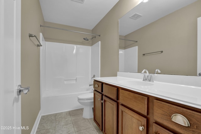 bathroom featuring visible vents, vanity, tub / shower combination, toilet, and tile patterned floors