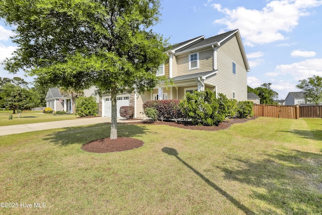 view of front facade with fence, concrete driveway, a front lawn, and a garage