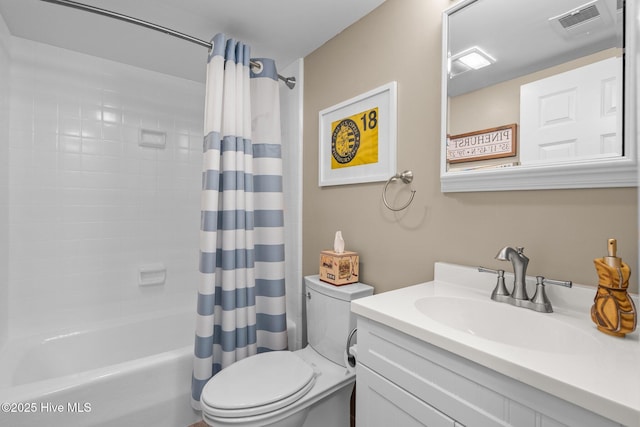 full bath with toilet, visible vents, shower / bath combination with curtain, and vanity