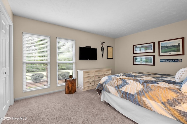 bedroom featuring light colored carpet, baseboards, and a closet