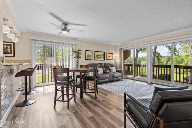 dining space featuring a ceiling fan, a textured ceiling, wood finished floors, and ornamental molding