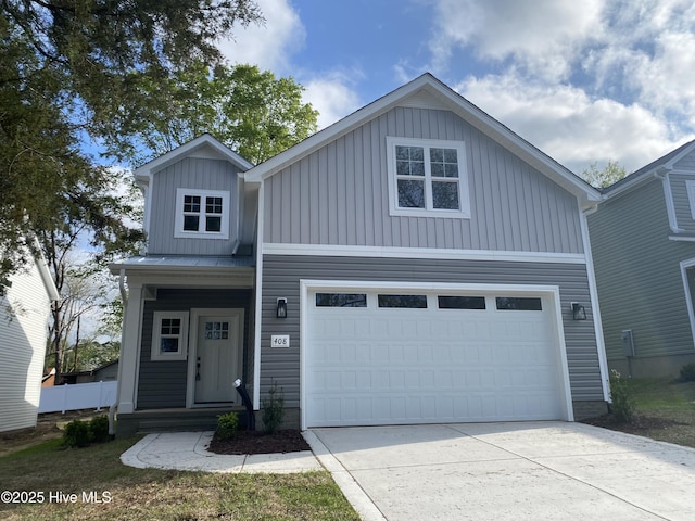 view of front facade featuring an attached garage, board and batten siding, and driveway