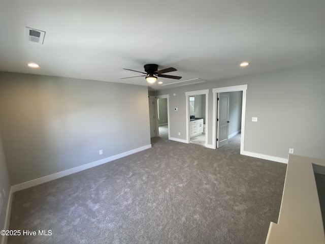 carpeted empty room featuring baseboards, a ceiling fan, recessed lighting, and visible vents