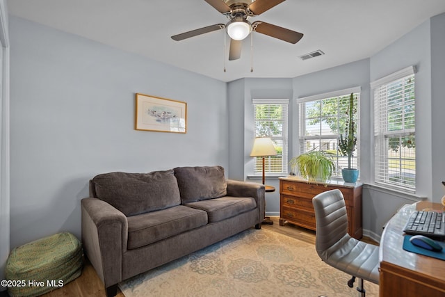 1164 Amber Pines Dr, Leland, NC 28451 - office space with a ceiling fan, baseboards, visible vents, and light wood-type flooring