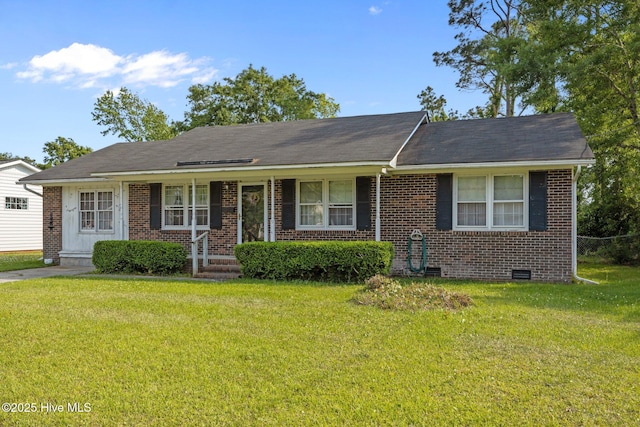 ranch-style house featuring crawl space, a porch, a front lawn, and brick siding