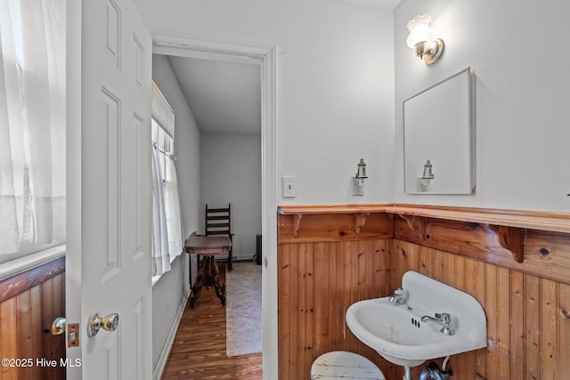 bathroom with wood walls and wood finished floors