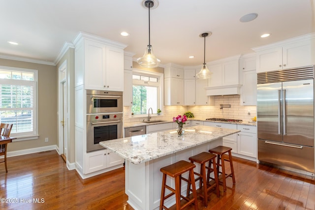 kitchen featuring crown molding, a sink, dark wood-style flooring, and stainless steel appliances