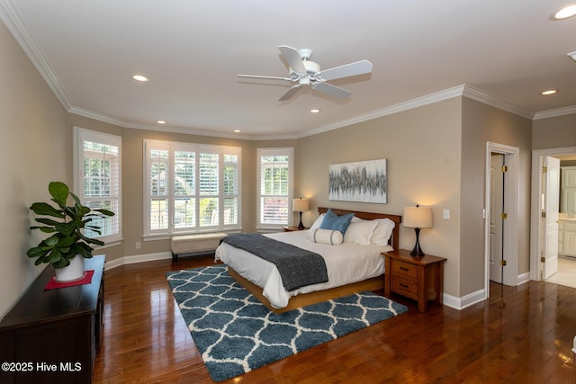 118 Dennis Cir W, End, NC 27376 - bedroom with hardwood / wood-style flooring, recessed lighting, baseboards, crown molding, and ensuite bath