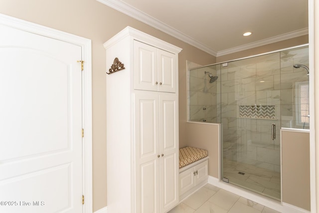 bathroom featuring crown molding, recessed lighting, baseboards, and a shower stall