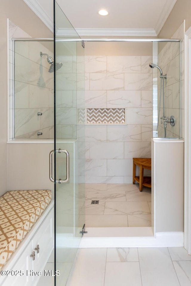 118 Dennis Cir W, End, NC 27376 - full bath featuring ornamental molding, a shower stall, marble look tile flooring, and recessed lighting