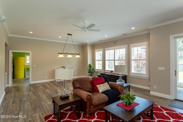 living room featuring baseboards, ceiling fan, plenty of natural light, and wood finished floors