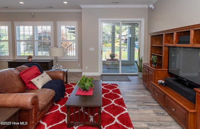 118 Dennis Cir W, End, NC 27376 - living room with wood finished floors, plenty of natural light, ornamental molding, recessed lighting, and baseboards