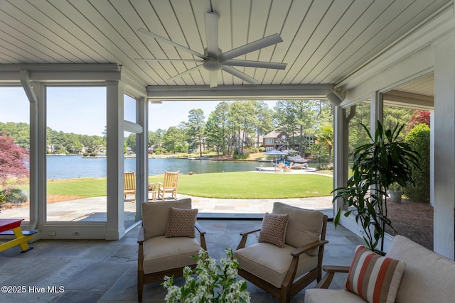 118 Dennis Cir W, End, NC 27376 - sunroom / solarium with a water view, a ceiling fan, and view of wooded area