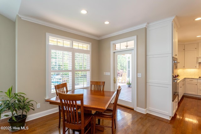 dining area with crown molding, baseboards, recessed lighting, and dark wood-style floors