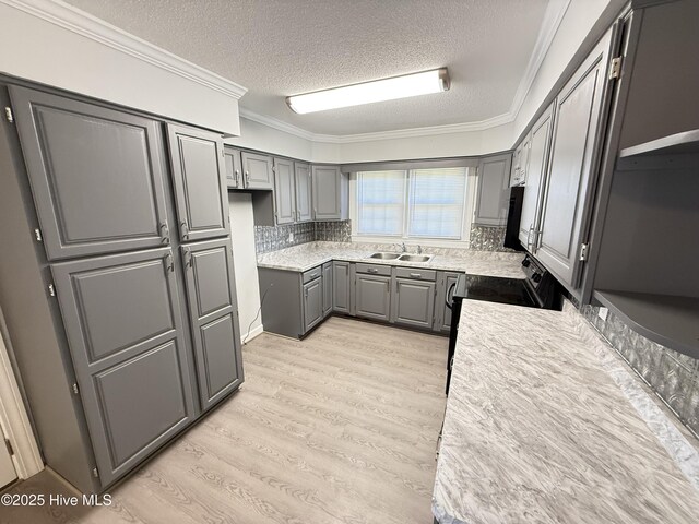 120 Ridgecrest Dr, Mount Olive, NC 28365 - kitchen featuring gray cabinets, a sink, light countertops, light wood finished floors, and ornamental molding