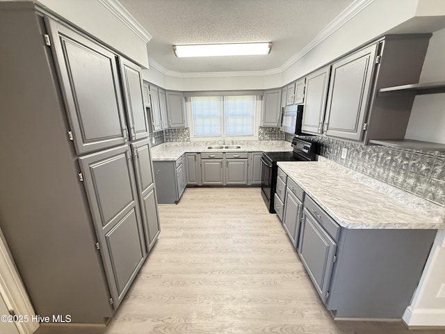 120 Ridgecrest Dr, Mount Olive, NC 28365 - kitchen with a sink, light wood-style floors, light countertops, black electric range oven, and gray cabinetry