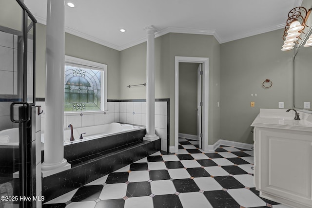 106 Cliffwell Dr, Goldsboro, NC 27530 - bathroom with tile patterned floors, vanity, a bath, a stall shower, and recessed lighting