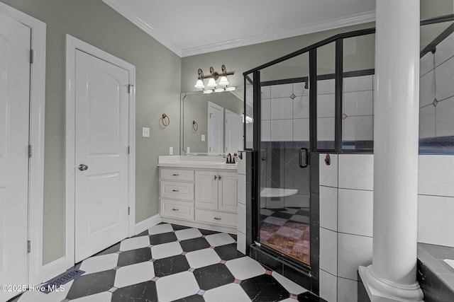 106 Cliffwell Dr, Goldsboro, NC 27530 - full bathroom with tile patterned floors, vanity, a shower stall, and ornamental molding
