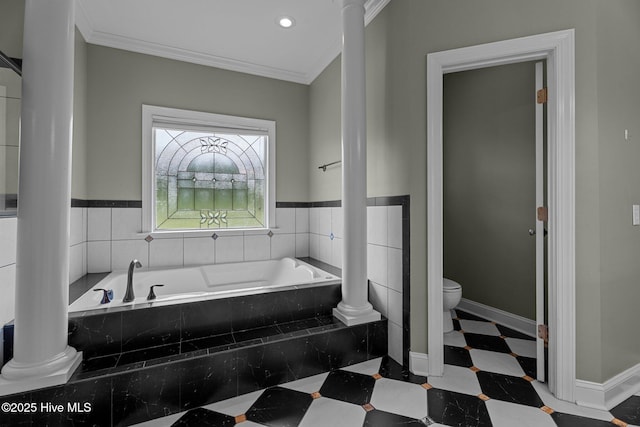 106 Cliffwell Dr, Goldsboro, NC 27530 - full bath with toilet, crown molding, tile patterned floors, a bath, and ornate columns