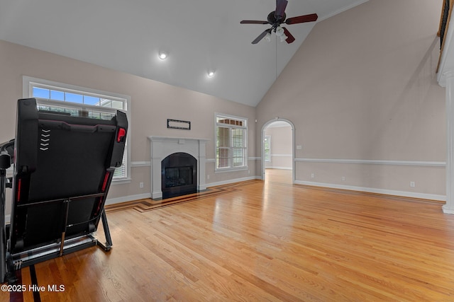 106 Cliffwell Dr, Goldsboro, NC 27530 - living room featuring wood finished floors, a ceiling fan, healthy amount of natural light, a fireplace with raised hearth, and high vaulted ceiling
