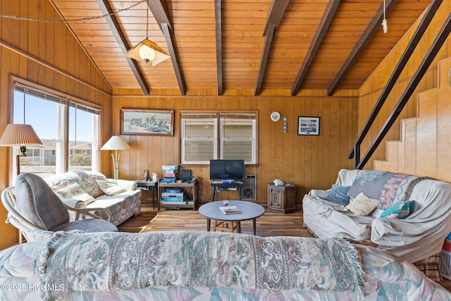 421 35th St, Sunset Beach, NC 28468 - living area featuring stairs, wooden walls, wood ceiling, and wood finished floors