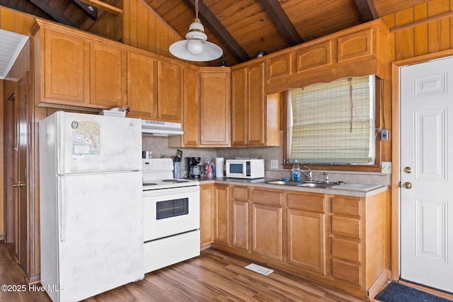 421 35th St, Sunset Beach, NC 28468 - kitchen with white appliances, wooden ceiling, a sink, under cabinet range hood, and wood finished floors