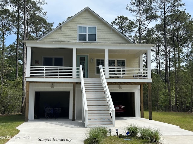 5017 Bucco Reef Rd, New Bern, NC 28560 - coastal home with driveway, an attached garage, stairs, and covered porch