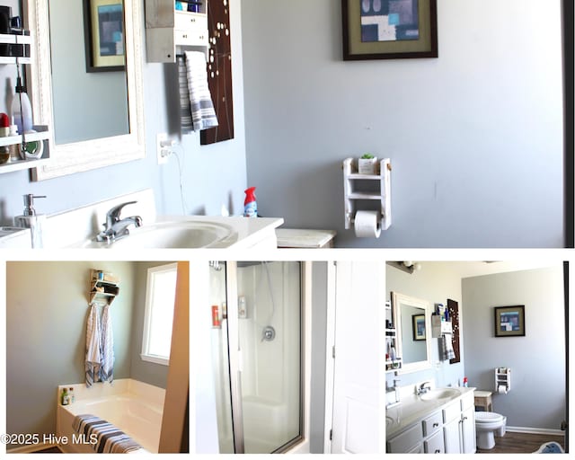 bathroom featuring vanity, a stall shower, a garden tub, and toilet