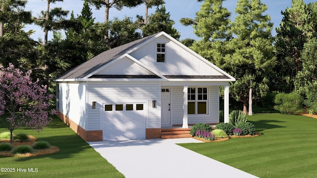 view of front of property with a front yard, board and batten siding, concrete driveway, and a shingled roof