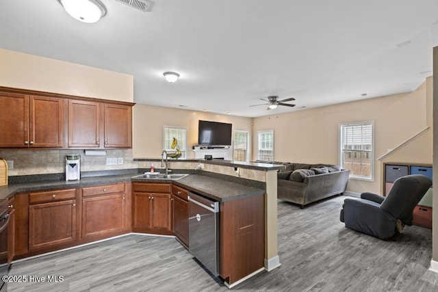 248 Seville St, Jacksonville, NC 28546 - kitchen with stainless steel dishwasher, open floor plan, a peninsula, ceiling fan, and a sink
