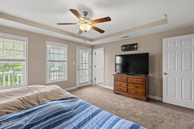 248 Seville St, Jacksonville, NC 28546 - bedroom featuring carpet, a raised ceiling, access to exterior, baseboards, and a ceiling fan