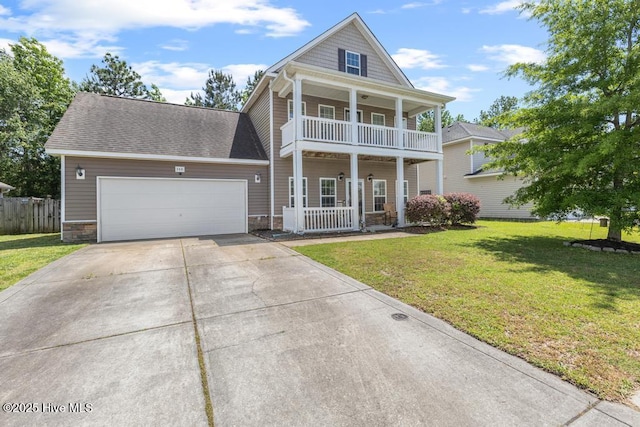 248 Seville St, Jacksonville, NC 28546 - neoclassical home with a porch, driveway, an attached garage, a balcony, and a shingled roof