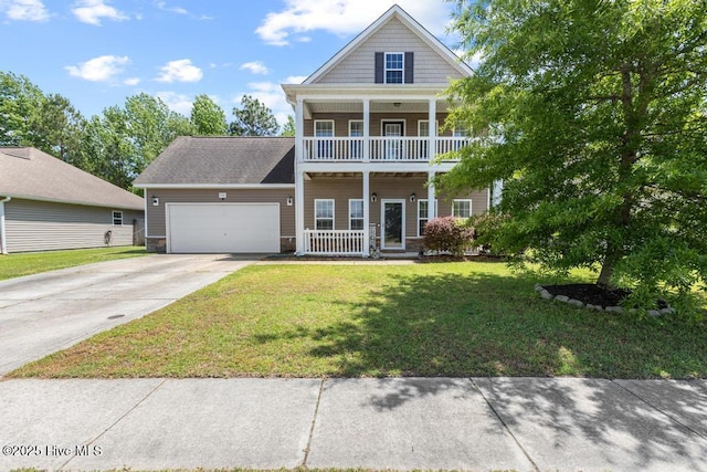 248 Seville St, Jacksonville, NC 28546 - greek revival inspired property with covered porch, driveway, a garage, a front yard, and stone siding