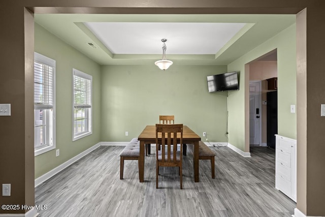 248 Seville St, Jacksonville, NC 28546 - dining area featuring a tray ceiling, wood finished floors, and baseboards