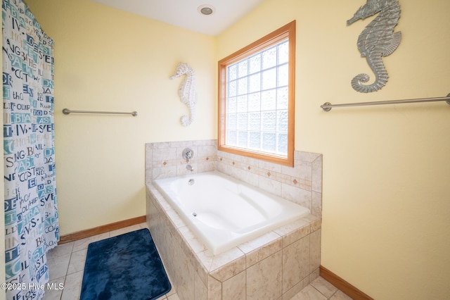 full bath with baseboards, a garden tub, tile patterned flooring, and a shower with curtain