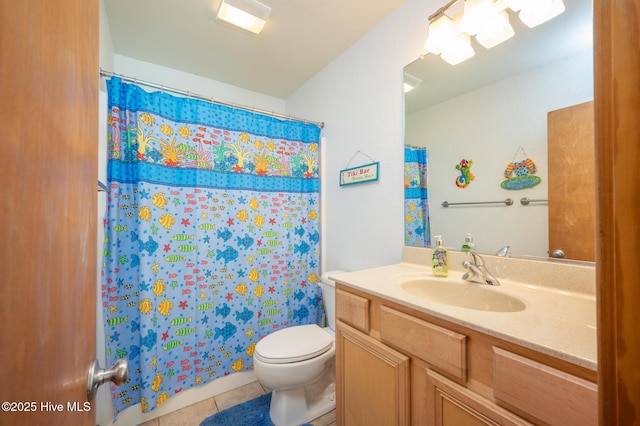 full bath featuring vanity, tile patterned flooring, a shower with curtain, and toilet