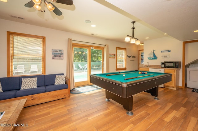 playroom featuring a ceiling fan, recessed lighting, washer / dryer, billiards, and light wood-type flooring