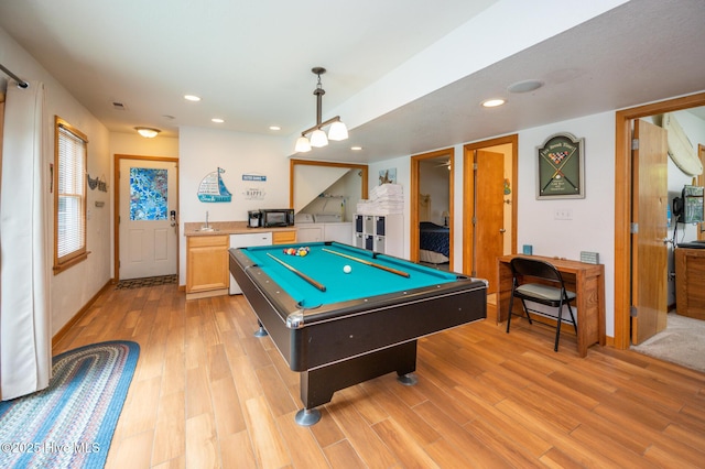 playroom with pool table, baseboards, recessed lighting, and light wood-style flooring